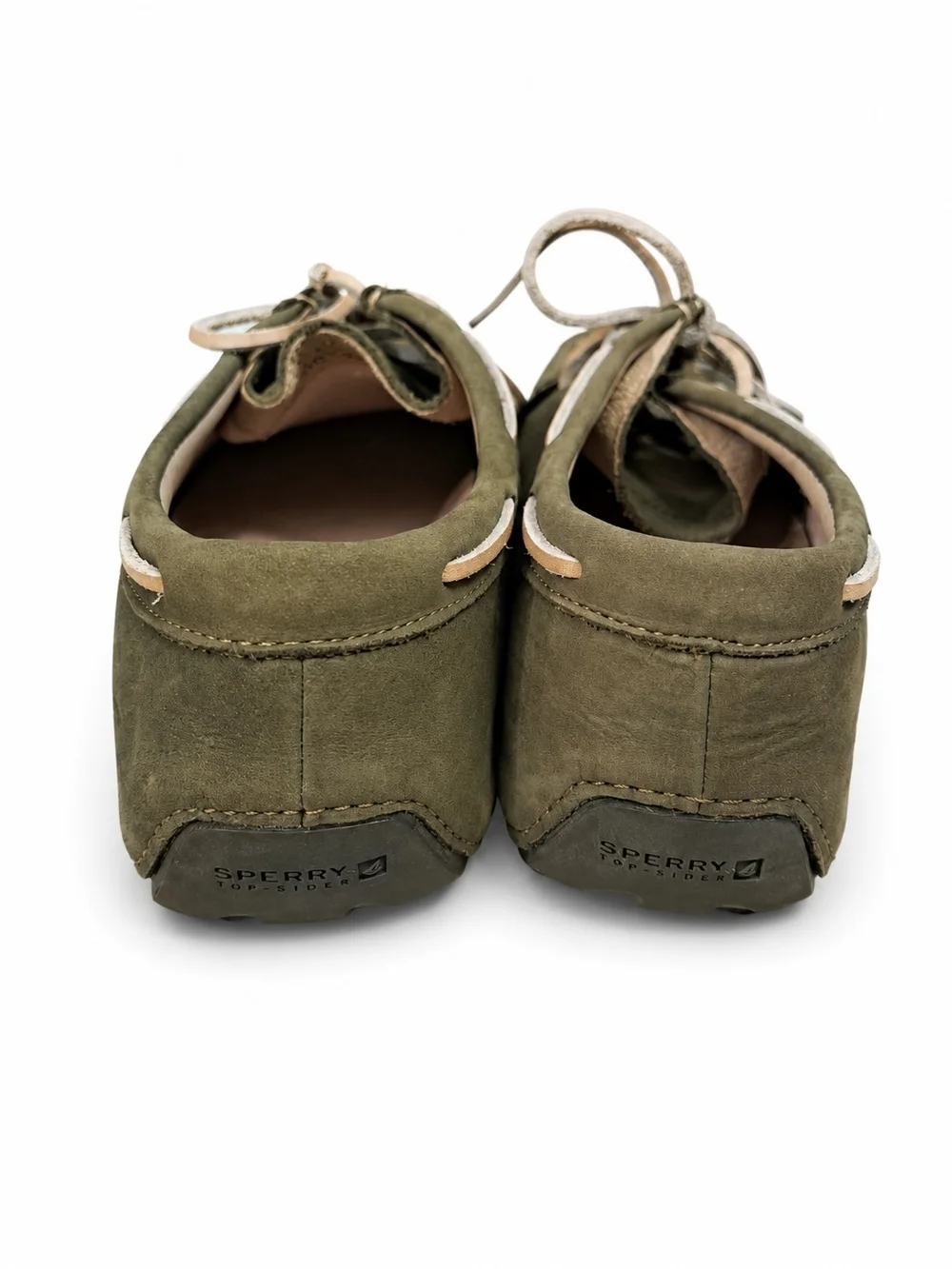 Sperry Olive Suede Moccasin Boat Shoes with Tan Laces Size 7.5